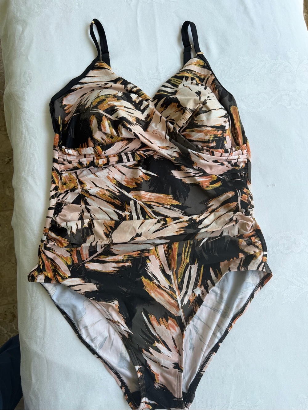 Calvin Klein Black One-Piece Swimsuit with Pink and Gold Brush botanical  Print.